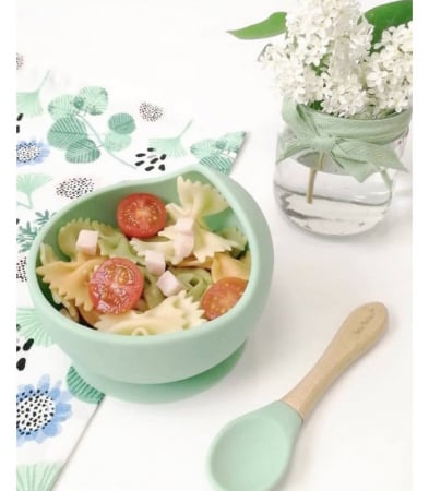 Bol anti-alunecare din silicon alimentar și linguriță, set de 2 piese pentru diversificare, Mint [11]