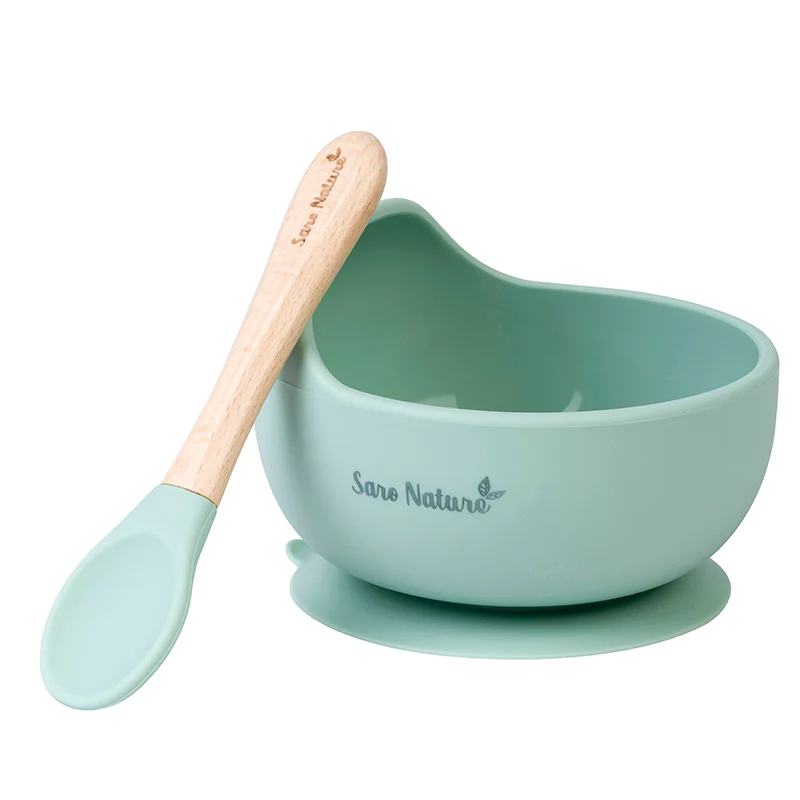 Set hranire - Bol anti-alunecare din silicon alimentar și linguriță, set de 2 piese pentru diversificare, Mint