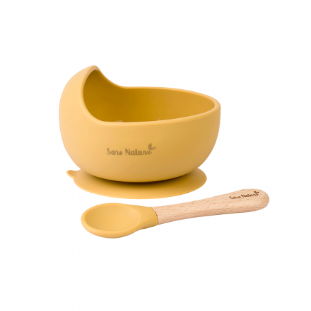 Set hranire - Bol anti-alunecare din silicon alimentar și linguriță, set de 2 piese pentru diversificare, Mustard
