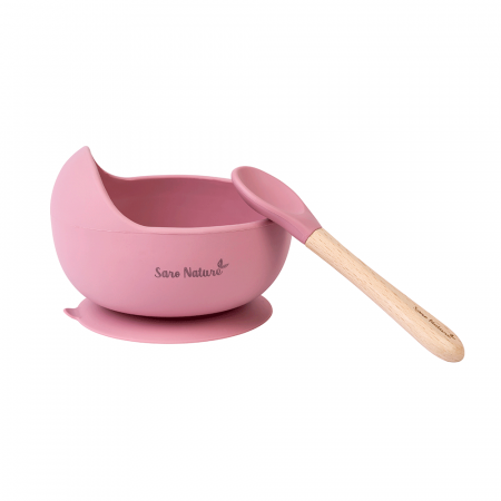 Set hranire - Bol anti-alunecare din silicon alimentar și linguriță, set de 2 piese pentru diversificare, Rose