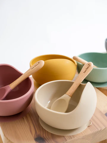Bol anti-alunecare din silicon alimentar și linguriță, set de 2 piese pentru diversificare, Sand [3]