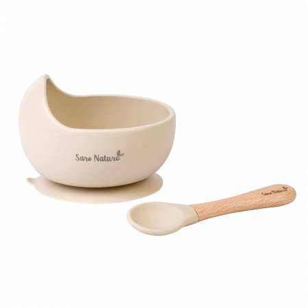 Set hranire - Bol anti-alunecare din silicon alimentar și linguriță, set de 2 piese pentru diversificare, Sand