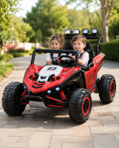 Mașinuțe electrice 24V - Buggy Electric 2 Locuri Patrol 24V Roșu – 2 Motoare 400W, Girofar LED, Bluetooth, Suspensii, Centură 3 Puncte | Max. 50 kg
