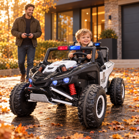Mașinuțe electrice 24V - Buggy Electric Poliție 2 Locuri Police Patrol 24V – 2 Motoare 400W, Girofar LED, Bluetooth, Suspensii, Centură 3 Puncte | Max. 50 kg