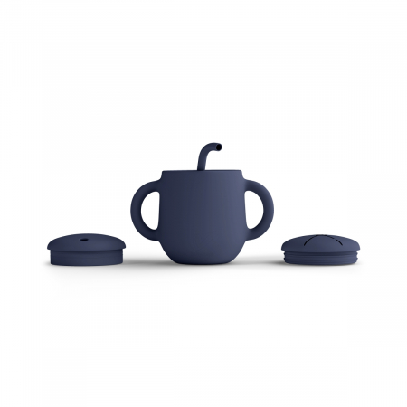 Căni - Cana de antrenament, cu pai flexibil, Din silicon, Fără BPA, BPS, PVC și ftalați  2in1, 250 ml, Navy