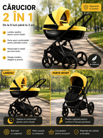 Carucioare 2in1 - Carucior copii 2 in 1, reversibil, complet accesorizat, 0-36 luni, Bexa Glamour Yellow