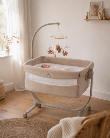 Camera copilului - Carusel Cullami CAM® „Teddy" – Cadru Circular din Lemn Natural, Jucării Moi Premium, Ursuleț pe Lună și Stele | 0 Luni+