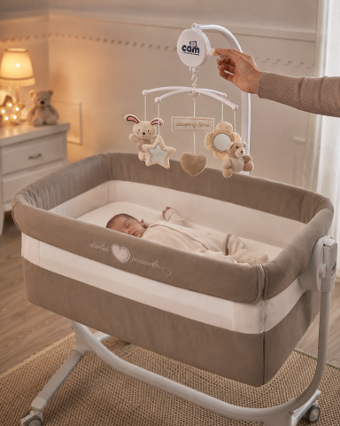 Accesorii patut - Carusel Muzical Cullami CAM® – Acționare Mecanică cu Cheiță, Fără Baterii, Jucării Moi Iepuraș și Ursuleț | 0 Luni+