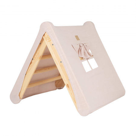 Corturi de joaca - Casuta tip cort pentru copii cu o scară de 60x61 cm, pliabilă, Lemn natur, viscoza alb/roz, Montessori MeowBaby®