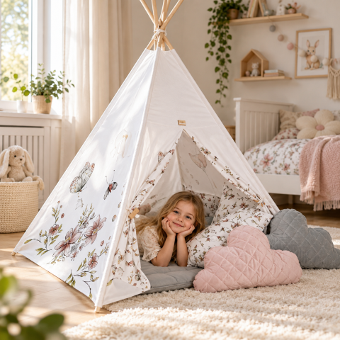 Articole plajă, piscina premium - Cort Tipi pentru Copii BabySteps Natura, 160cm, Bumbac Natural cu Flori și Fluturi, cu Saltea Groasă și 4 Perne Decorative
