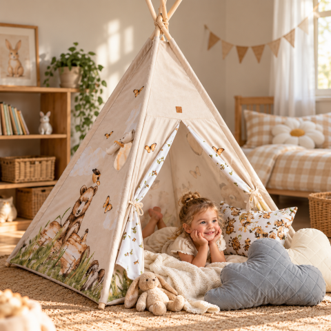 Centre de activitati - Cort Tipi pentru Copii BabySteps Happy Bear, 160cm, Bumbac Natural, cu Saltea Groasă și 4 Perne Decorative
