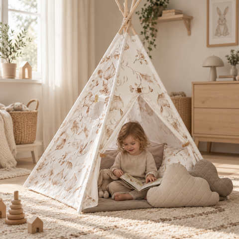 Centre de activitati - Cort Tipi pentru Copii BabySteps Boho, 160cm, Bumbac Natural cu Frunze Botanice, cu Saltea Groasă și 4 Perne Decorative