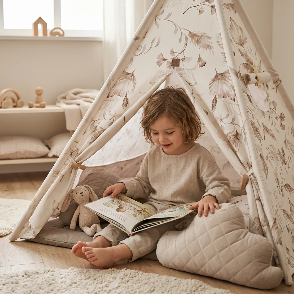 Cort Tipi pentru Copii BabySteps Boho, 160cm, Bumbac Natural cu Frunze Botanice, cu Saltea Groasă și 4 Perne Decorative [1]