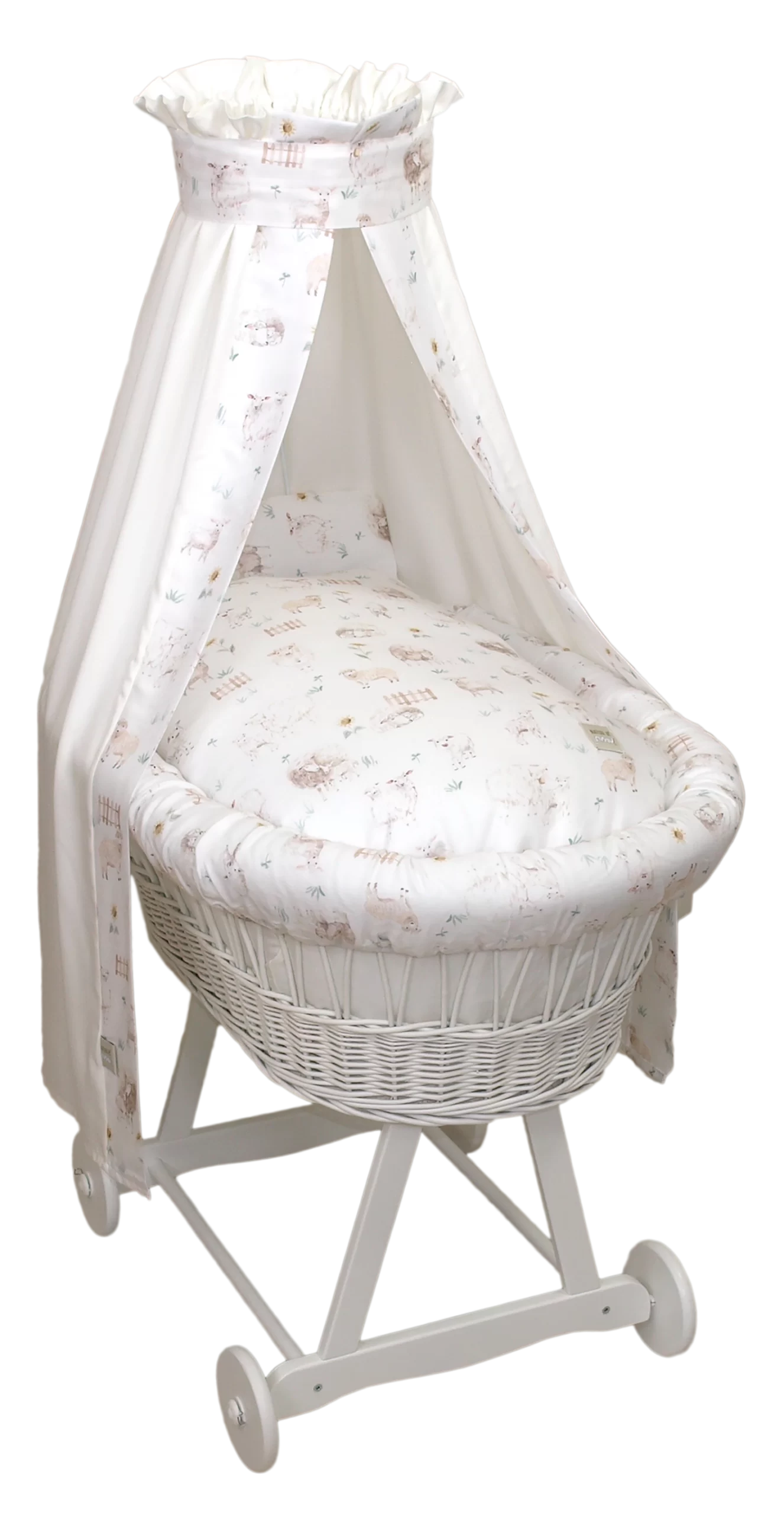 Oktató játékok - Cos bebe cu suport pe roti, saltea, lenjerie si baldachin, Colectia Nature din Bambus by Amy, Oite