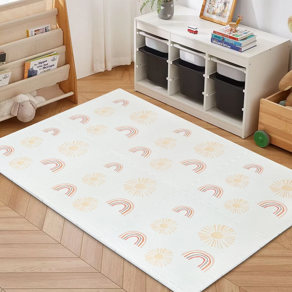 Joaca & Dezvoltare - Covor Puzzle din Spumă MeowBaby 180x60cm – Alb cu Soare și Curcubeu, 6 Piese, Impermeabil, Termoizolant | CE, EN71