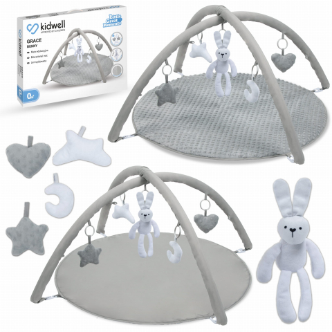 Saltele pentru joaca - Covoraș de joacă față-verso Kidwell GRACE Bunny cu arcada interactiva, 5 jucării și cutie muzicală în formă de iepuraș