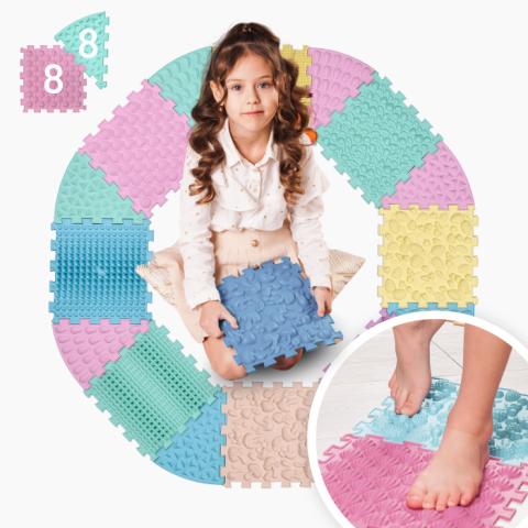 Covorase ortopedice - Covoraș ortopedic Puzzle Pastel 8 elemente si 8 triunghiuri– joacă sănătoasă și reflexoterapie pentru toată familia