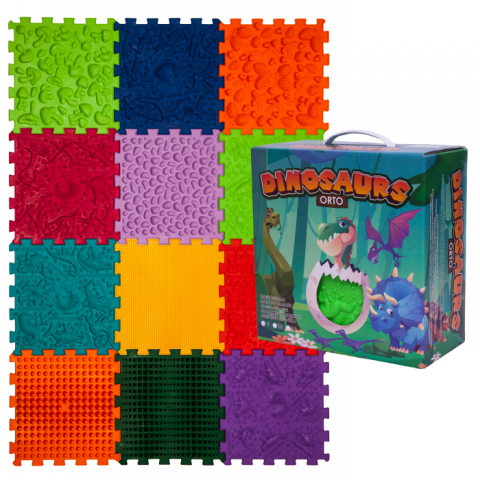 Joaca & Dezvoltare - Covoraș ortopedic Puzzle „Mix” 12 elemente Dino – joacă sănătoasă și reflexoterapie pentru toată familia
