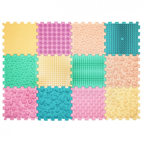 Joaca & Dezvoltare - Covoraș ortopedic Puzzle „Mix” 12 elemente Pastel – joacă sănătoasă și reflexoterapie pentru toată familia