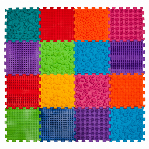 Joaca & Dezvoltare - Covoraș ortopedic Puzzle „Mix” 16 elemente – joacă sănătoasă și reflexoterapie pentru toată familia