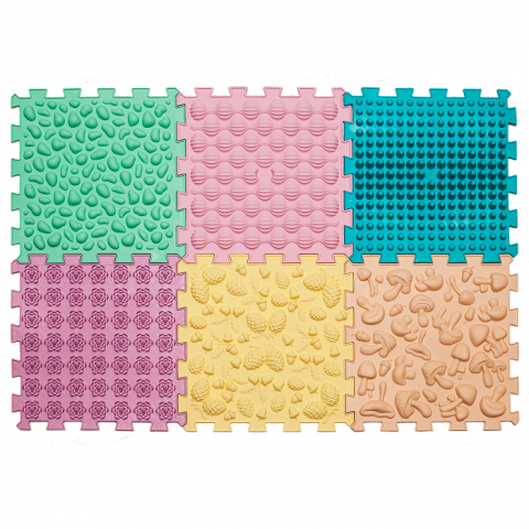 Joaca & Dezvoltare - Covoraș ortopedic Puzzle „Mix” 6 elemente Pastel – joacă sănătoasă și reflexoterapie pentru toată familia
