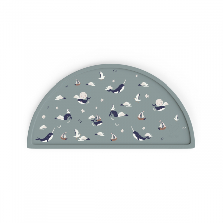 Bebe la masa - Covoras pentru diversificare, Din silicon, Fara BPA, forma semicirculară 45,5 cm și 23 cm, Magic Sea Animals