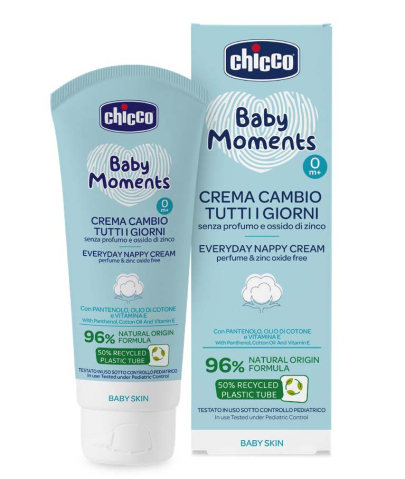 Geluri de dus si sampoane bebelusi - Crema protectie zilnica Chicco Baby Moments impotriva iritatiilor de la scutec, panthenol si vitamina E, 0luni+