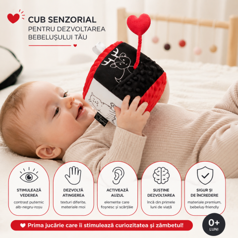 Paturici - Cub senzorial bebeluși BabySteps®, alb-negru-roșu, jucărie educativă, 0+ luni