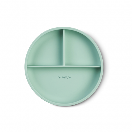 Set hranire - Farfurie diversificare divizata din silicon alimentar cu ventuza, anti-alunecare, Saro Nature -  “Food & Fun” Mint