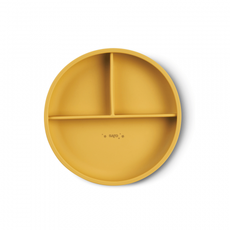 Set hranire - Farfurie diversificare divizata din silicon alimentar cu ventuza, anti-alunecare, Saro Nature -  “Food & Fun” Mustard