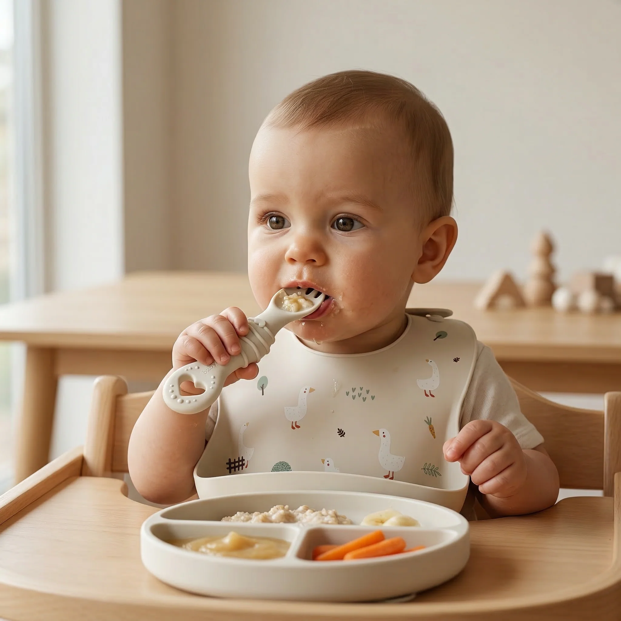 Furculița și lingura BabySteps® 2in1, silicon alimentar 100%, Fără BPA, BPS, PVC și ftalați, cream [3]