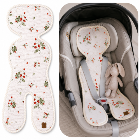 Accesorii carucioare - Insert Antitranspirație 3D BabySteps® „Frăguțe" – Țesătură 3D Mesh Certificată, Hipoalergenică, Antibacteriană | Scaun Auto și Cărucior 0-13kg