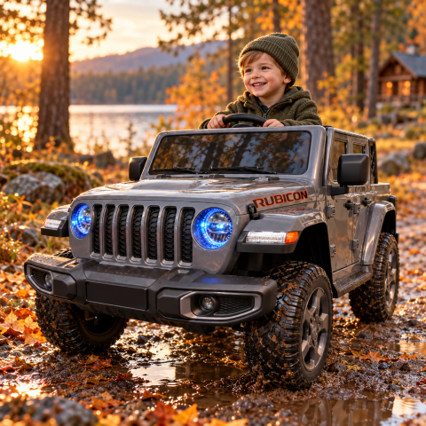 Mașinuțe electrice 12V - Jeep Electric pentru Copii Gladiator Rubicon 12V Gri, Licență Oficială Jeep – 2 Locuri, Uși Funcționale