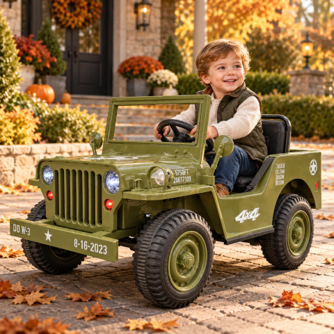 Mașinuțe electrice 12V - Jeep Electric pentru Copii Willy 12V Verde Militar, Design Retro – Telecomandă 2.4G, 4 Motoare | 3-5 Ani