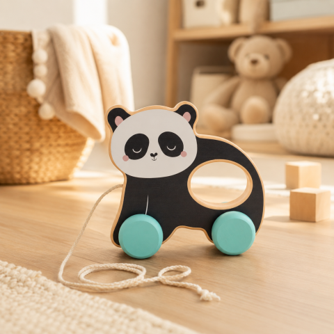 Jucarii din lemn - Jucărie de Tras Pull Along Panda Saro Baby – Lemn FSC, Funie Bumbac | Primii Pași 12M+