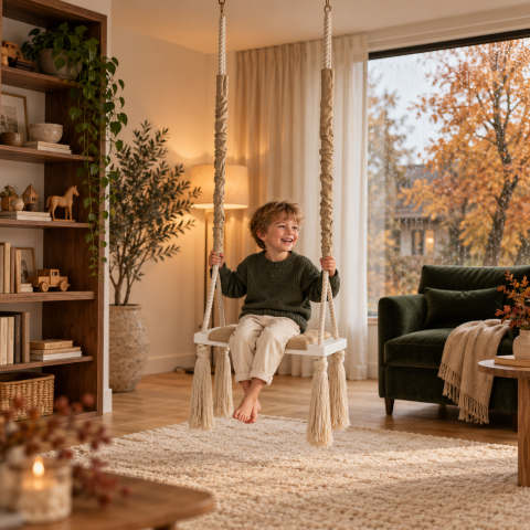 Leagane - Leagăn copii BabySteps® WoodSwing, lemn, spuma & velvet bej premium, design scandinav, până la 100 kg