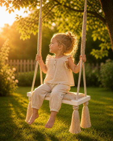 Joaca & Dezvoltare - Leagăn copii BabySteps® WoodSwing, lemn, spuma & velvet bej premium, design scandinav, până la 100 kg