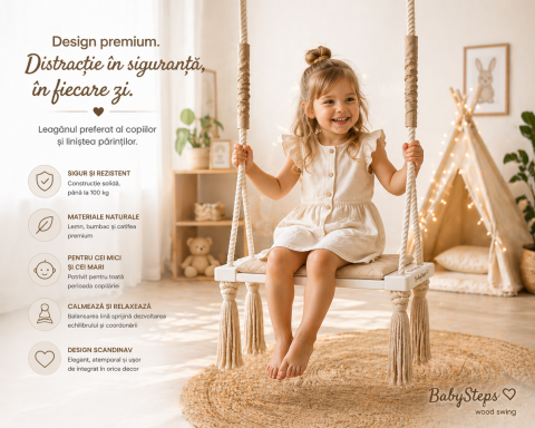 Plimbare & Relaxare - Leagăn copii BabySteps® WoodSwing, lemn, spuma & velvet bej premium, design scandinav, până la 100 kg