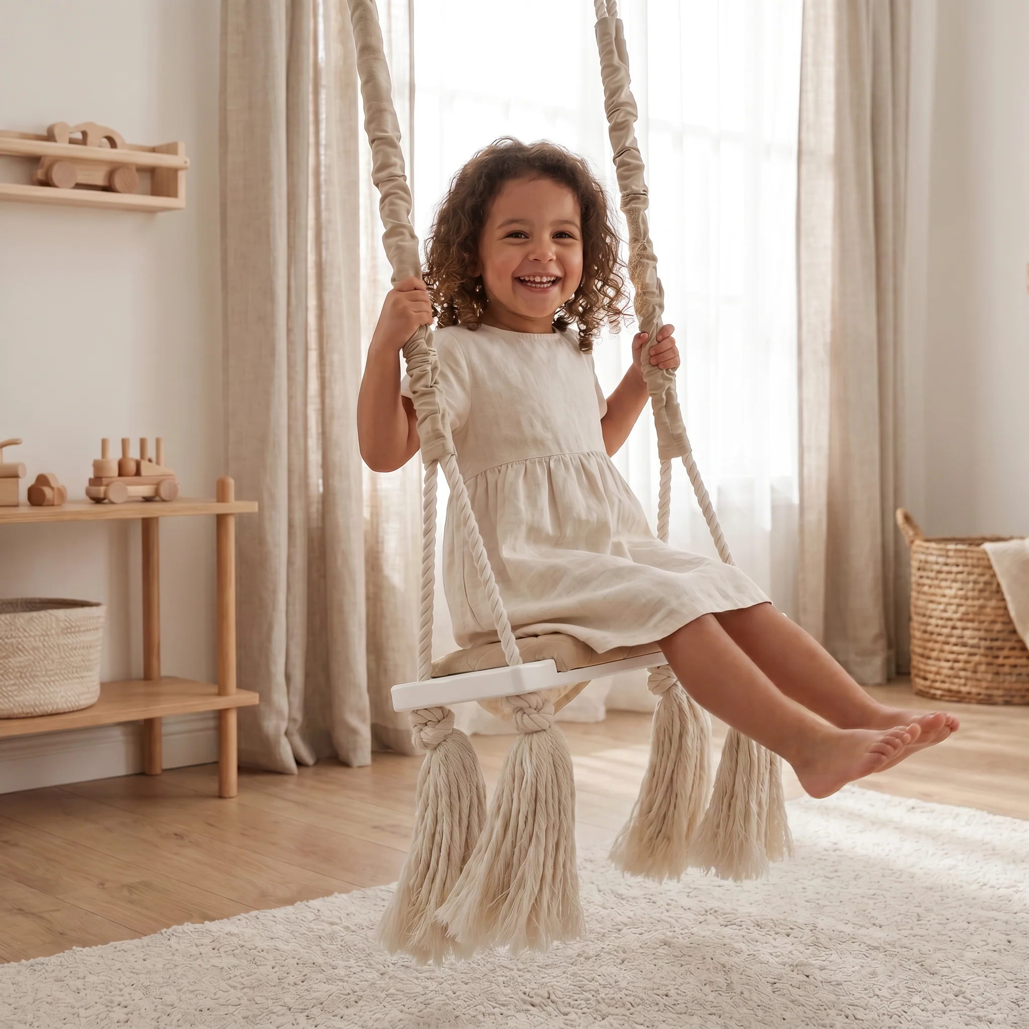 Leagăn copii BabySteps® WoodSwing, lemn, spuma & velvet bej premium, design scandinav, până la 100 kg [2]