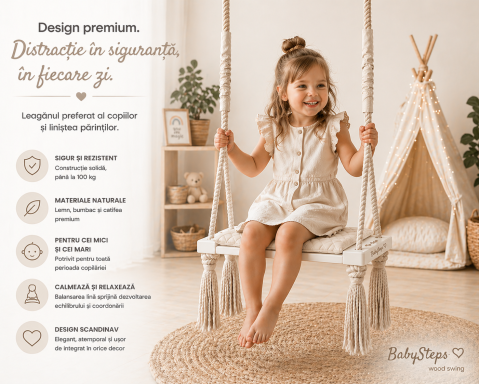 Plimbare & Relaxare - Leagăn copii BabySteps® WoodSwing, lemn, spuma & velvet ecru premium, design scandinav, până la 100 kg