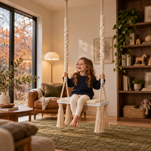 Joaca & Dezvoltare - Leagăn copii BabySteps® WoodSwing, lemn, spuma & velvet ecru premium, design scandinav, până la 100 kg
