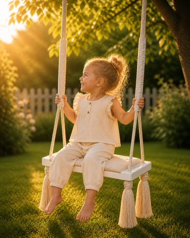 Leagane - Leagăn copii BabySteps® WoodSwing, lemn, spuma & velvet ecru premium, design scandinav, până la 100 kg