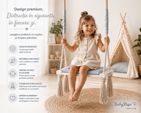 Plimbare & Relaxare - Leagăn copii BabySteps® WoodSwing, lemn, spuma & velvet gri premium, design scandinav, până la 100 kg