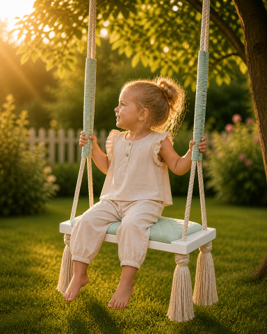 Leagane - Leagăn copii BabySteps® WoodSwing, lemn, spuma & velvet Mint premium, design scandinav, până la 100 kg