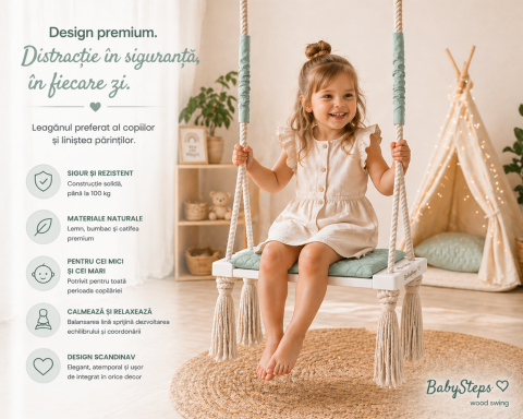 Plimbare & Relaxare - Leagăn copii BabySteps® WoodSwing, lemn, spuma & velvet Mint premium, design scandinav, până la 100 kg