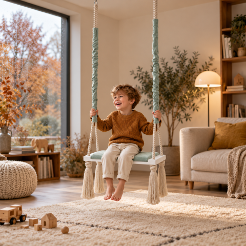 Leagane - Leagăn copii BabySteps® WoodSwing, lemn, spuma & velvet Mint premium, design scandinav, până la 100 kg