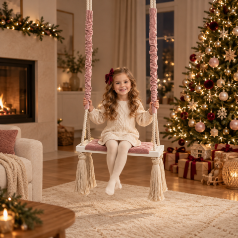 Leagăn copii BabySteps® WoodSwing, lemn, spuma & velvet sepia rose premium, design scandinav, până la 100 kg - BabySteps [1]