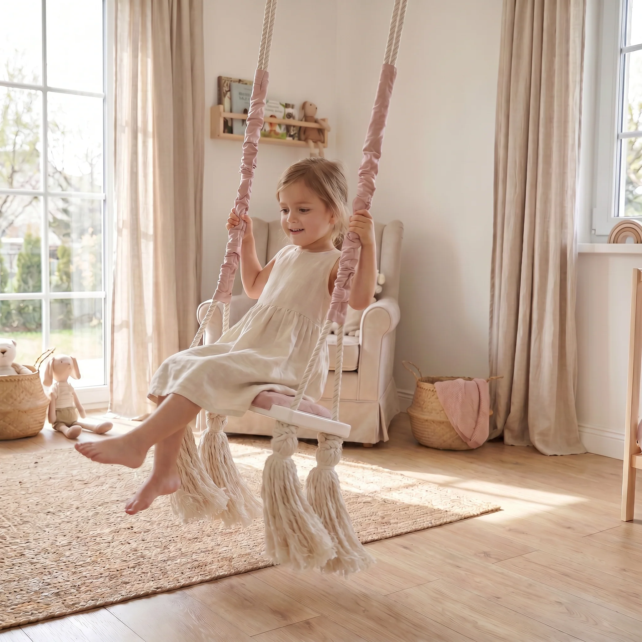 Leagăn copii BabySteps® WoodSwing, lemn, spuma & velvet sepia rose premium, design scandinav, până la 100 kg - BabySteps [2]