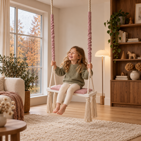 Leagane - Leagăn copii BabySteps® WoodSwing, lemn, spuma & velvet sepia rose premium, design scandinav, până la 100 kg - BabySteps