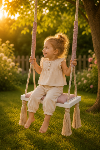 Leagane - Leagăn copii BabySteps® WoodSwing, lemn, spuma & velvet sepia rose premium, design scandinav, până la 100 kg - BabySteps